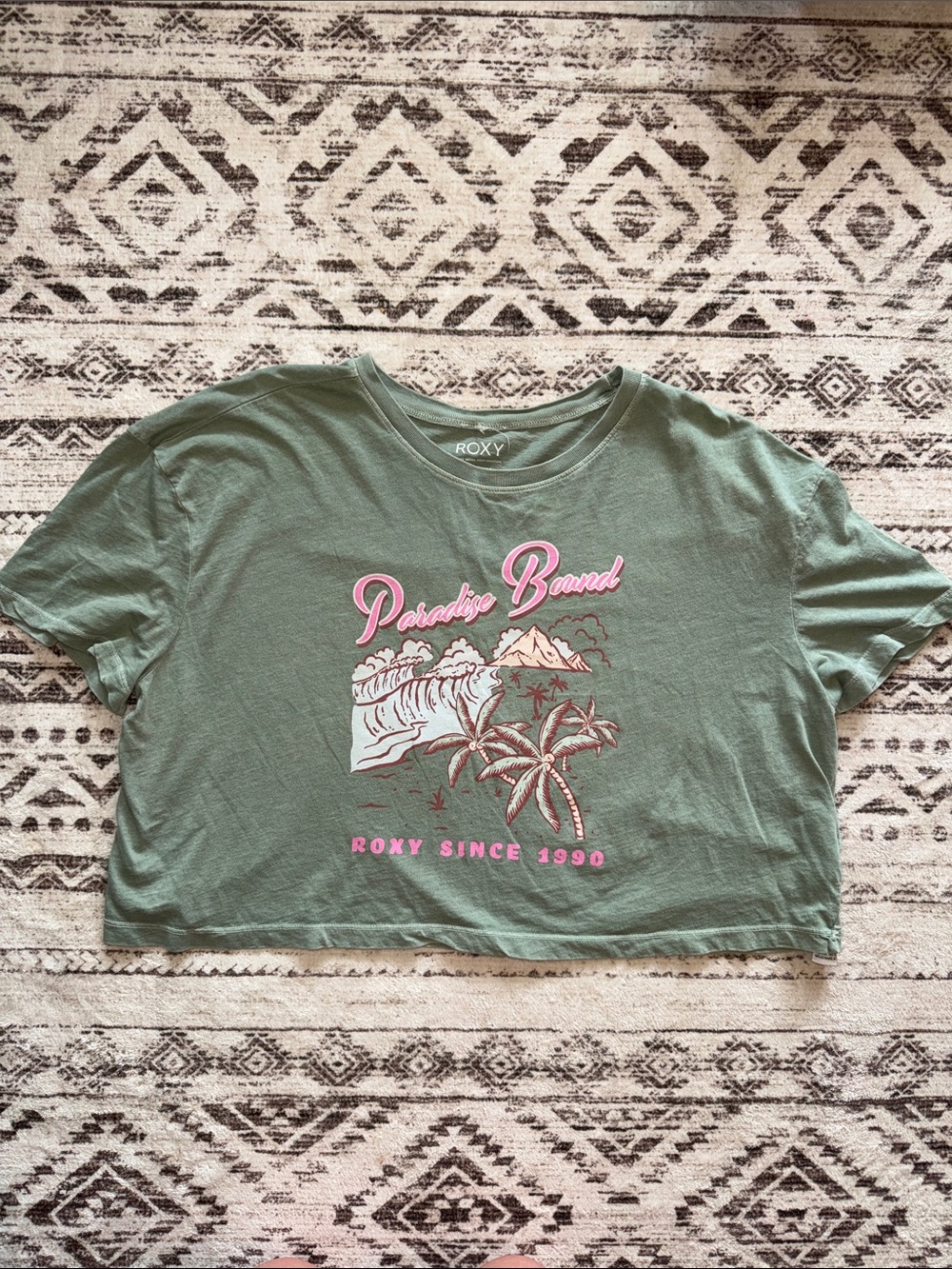 Roxy Sage Green Crop Tee with Pink Surf Graphic